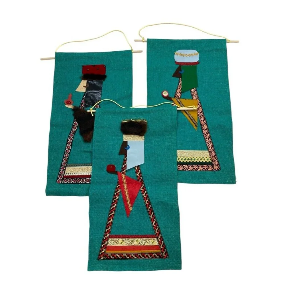 Vintage Burlap 3 Wiseman Christmas Bethlehem Wall Hanging Mid Century Decor